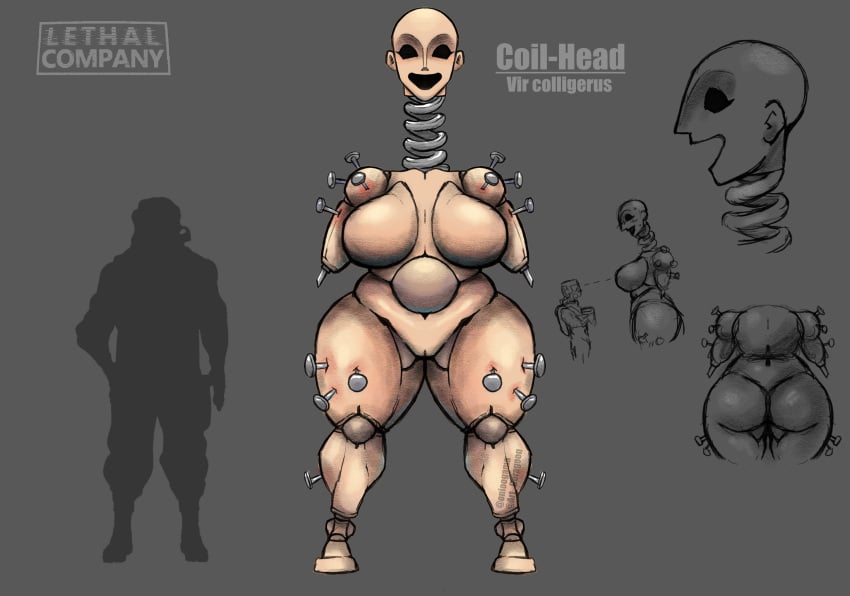 1girls absurd_res animate_inanimate armless bald bangboodoragon big_breasts black_eyes breasts coil-head_(lethal_company) doll_joints empty_eyes eyelashes featureless_breasts female front_view genitals grey_background hi_res huge_breasts humanoid lethal_company monster_girl nude open_mouth open_smile pussy simple_background smile solo tan_body thick_thighs vagina wide_hips