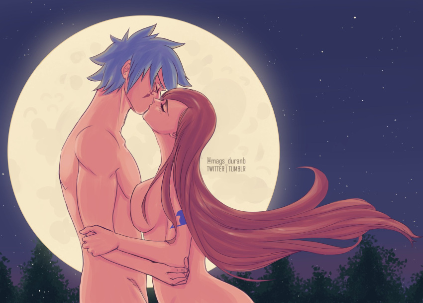 blue_hair breasts_pressed_together canon_couple erza_scarlet fairy_tail jellal_fernandes kissing passionate_kiss public_nudity red_hair tattoo wholesome