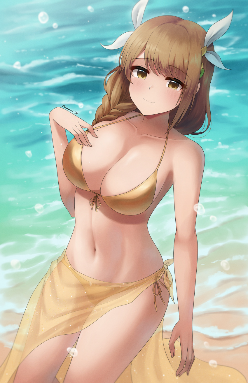 1girls alternate_costume bangs bare_midriff bare_shoulders beach beauty_mark bikini braid braided_ponytail brown_hair cleavage closed_mouth collarbone doiparuni female female_only fire_emblem fire_emblem_engage gold_bikini gold_swimsuit goldmary_(fire_emblem) hair_over_shoulder hair_ribbon hand_on_own_chest highres low_ponytail midriff mole mole_on_breast nintendo ocean outdoors ribbon sarong see-through shoulders side_ponytail solo swimsuit white_ribbon yellow_bikini yellow_eyes yellow_swimsuit