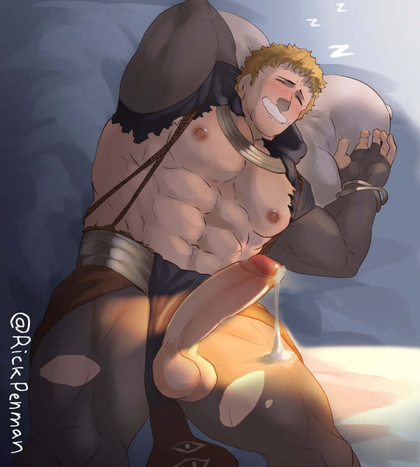 1boy abs bara bare_pectorals blonde_hair blush boner clothing_aside cum cumdrip drooling erect_while_sleeping erection feet_out_of_frame fire_emblem fire_emblem:_three_houses from_above highres large_pectorals leggings lying male male_focus male_only mouth_drool muscular muscular_male navel nipples on_back pectorals pelvic_curtain pelvic_curtain_aside raphael_kirsten rickpenman short_hair sleeping solo stomach thick_thighs thighs torn_clothes torn_legwear uncensored wet_dream zzz