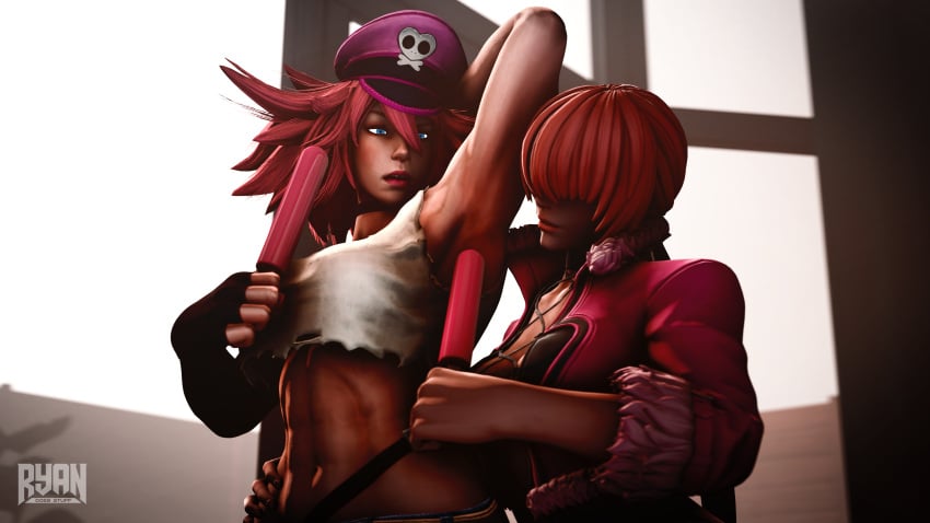 2girls 3d arm_up armpits athletic athletic_female female/female female_only fighting_game final_fight fit_female king_of_fighters king_of_fighters_xv muscular muscular_female pink_hair poison_(final_fight) popsicle red_hair ripped_clothing ripped_tank_top ryandoesstuff shermie_(kof) street_fighter street_fighter_v tank_top toned toned_belly toned_female toned_stomach white_tank_top