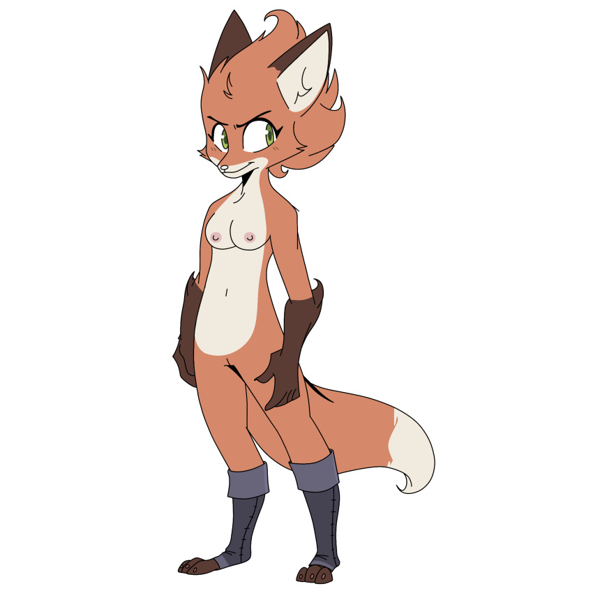 anthro beezii big_ears blush blush_lines breasts canid canine canis clothing ears_up feet female fleet_(dungeons_of_aether) footwear fox freeguyfan776 genitals hi_res mammal nipples pink_nipples pussy smile solo tail tail_down third-party_edit toes