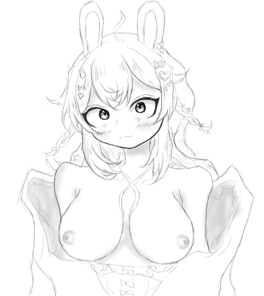 1girls black_and_white blush blush_lines bunny bunny_ears bunny_girl bunny_hair_ornament hair_ornament heart_hair_ornament large_breasts letter_hair_ornament looking_at_viewer naked nipples phase_connect phase_origins pipkin_pippa rabbit rabbit_ears rabbit_girl simple_background twin_braids virtual_youtuber vtuber white_background