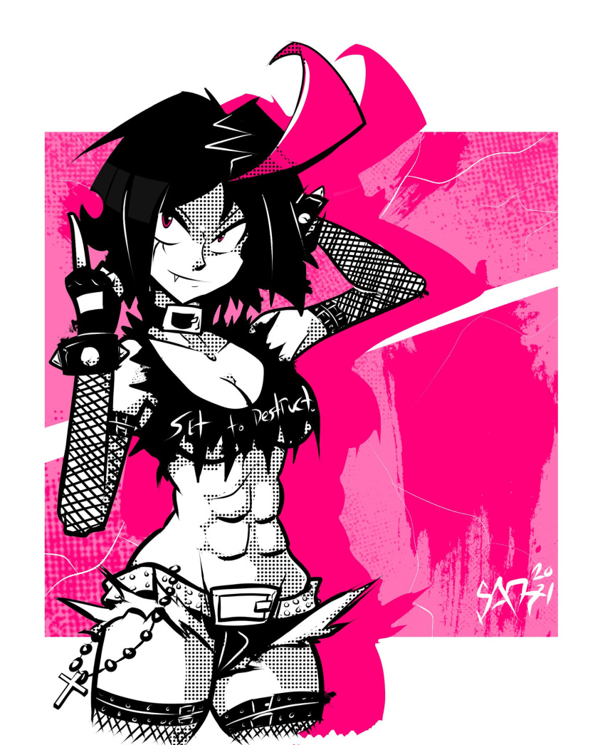 1girls abs black_hair blackwidow_apocalypse capslockcrush cross curvaceous curvy curvy_body curvy_female curvy_figure fishnets fit_female flipping_off hourglass_figure izzy_fisher official_art official_artist pink_eyes pink_highlights ripped_clothing ripped_shirt ripped_shorts shortshorts underboob webcomic webtoon