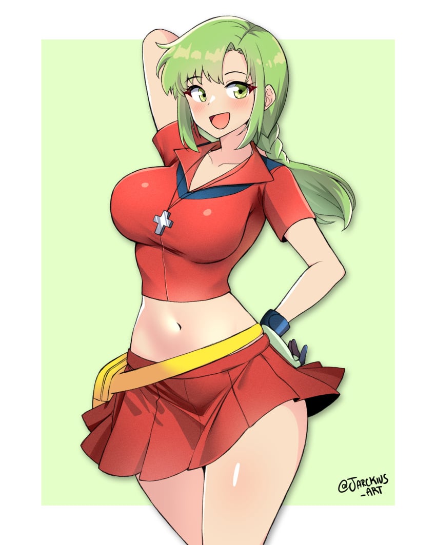 1girls :d alternate_costume arm_behind_head bare_thighs breasts cosplay cowboy_shot crop_top cross cross_necklace female female_only fire_emblem fire_emblem:_the_sacred_stones gloves green_eyes green_hair highres jarckius jewelry large_breasts may_(pokemon)_(cosplay) midriff miniskirt navel necklace nintendo pokemon pose red_skirt skirt smile solo thighs vanessa_(fire_emblem)