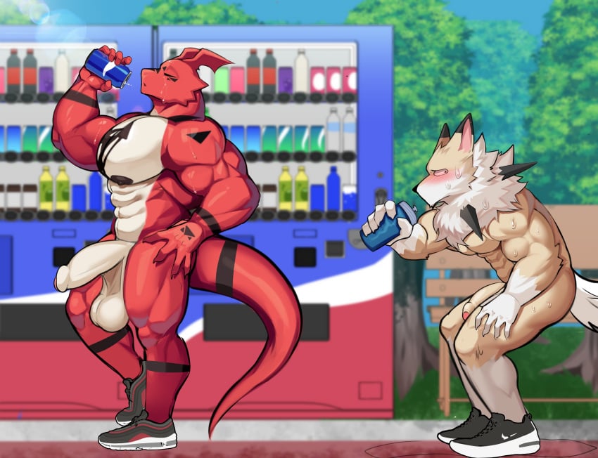 2024 abs absurd_res anthro anthro_on_anthro areola balls bandai_namco barazoku bench beverage beverage_can biceps big_balls big_muscles big_penis blush bodily_fluids bottle can canid canine claws clothing container day deltoids digimon digimon_(species) dragon duo erection footwear foreskin fur gay genitals guilmon hi_res holding_beverage holding_object huge_muscles humanoid_genitalia humanoid_penis lycanroc male male/male mammal manyu markings muscular muscular_anthro muscular_male mythological_creature mythological_scalie mythology nipples nude outside pecs penis plant pokemon saggy_balls scalie serratus shoes standing sweat tree tuft vending_machine water_bottle