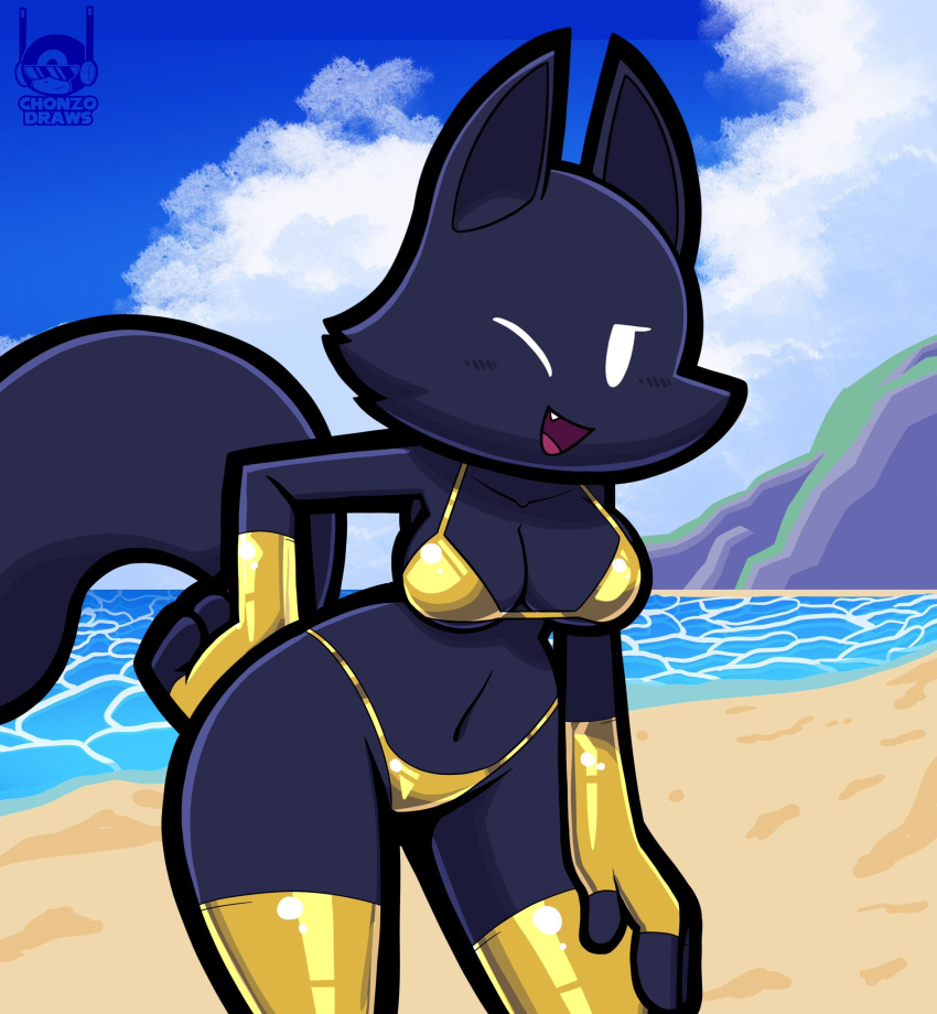 1girls anthro apid_(zguy_101) apid_(zonoch_dood) beach black_body black_fur blue_sky breasts chonzo cloud curvy female female_only fur gold_bikini golden_bikini golden_week hand_on_hip jpeg latex latex_bikini latex_fingerless_gloves latex_gloves mammal navel ocean one_eye_closed open_mouth original_character solo solo_female swimsuit swimwear tail thick_thighs wide_hips wolf zguy_101 zonoch_dood