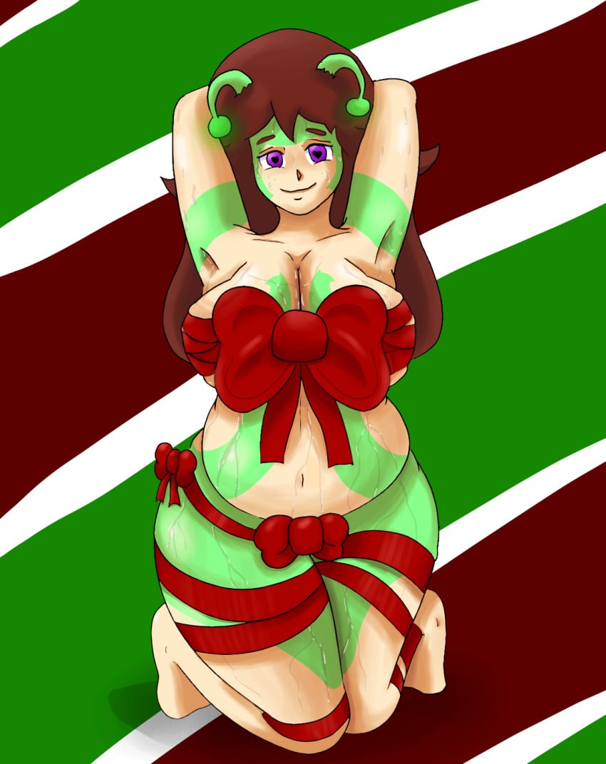 alien_girl antennae arms_behind_head big_ass big_breasts big_thighs bow_ribbon brown_hair green_markings ion_clocktower presenting purple_eyes red_ribbon simple_background sweatdrop tied_up white_skin wide_hips