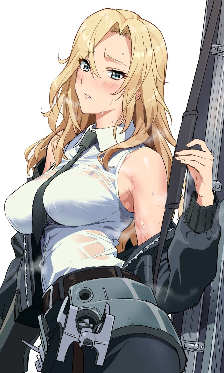 absurdres belt between_breasts black_belt black_jacket blonde_hair blue_eyes blush bomber_jacket breasts eyebrows_visible_through_hair female gun_case hair_between_eyes highres holding hornet_(kantai_collection) ishii_takamori jacket kantai_collection large_breasts long_hair necktie necktie_between_breasts off_shoulder parted_lips pencil_skirt see-through shirt simple_background skirt sleeveless sleeveless_shirt solo steam sweat white_background white_shirt