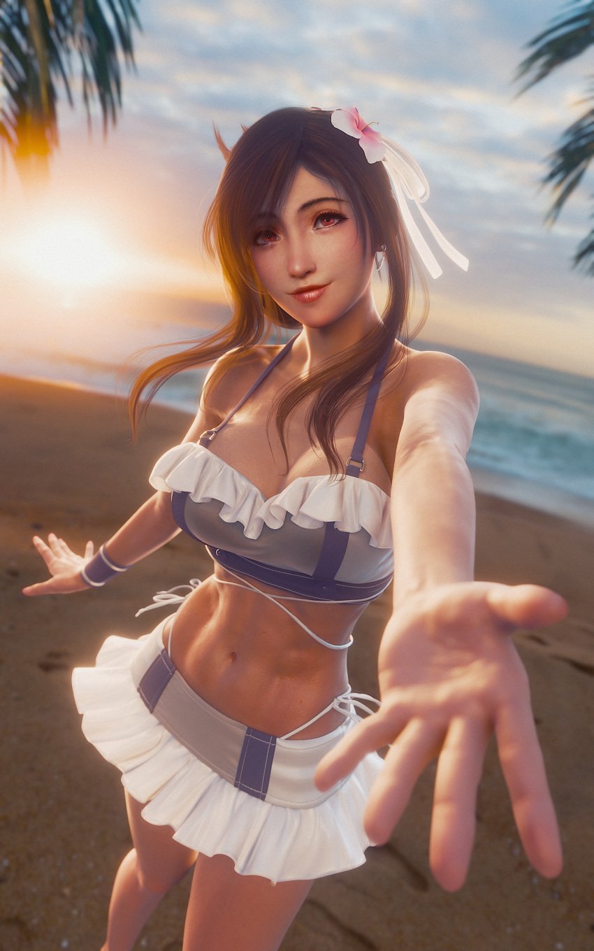 1girls 2024 3d beach black_hair blender breasts earrings female female_focus final_fantasy final_fantasy_vii final_fantasy_vii_rebirth final_fantasy_vii_remake fit_female flower_in_hair hairbun highres large_breasts long_black_hair looking_at_viewer ocean outdoors outstretched_arm palm_tree red_eyes ria-neearts sand sidelocks single_hair_bun smile standing summer sunset tifa_lockhart tifa_lockhart_(shining_spirit) water