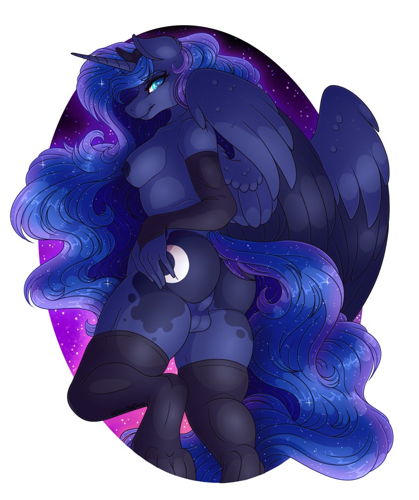 absurd_res alicorn alpha_channel anthro ass balls bedroom_eyes blue_body blue_hair breasts clothing collarmecandy cutie_mark equid equine female footwear friendship_is_magic futanari genitals gloves hair handwear hasbro herm hi_res horn horse humanoid_genitalia intersex legwear long_hair mammal my_little_pony mythological_creature mythological_equine mythology narrowed_eyes night princess_luna_(mlp) seductive socks solo spread_butt spreading star teasing teasing_viewer thigh_highs wings