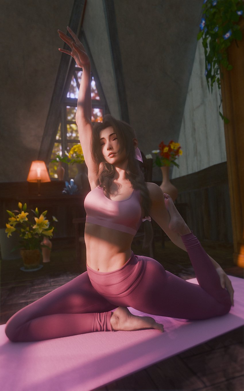 1girls 3d aerith_gainsborough blender braid brown_hair closed_eyes day feet female female_only final_fantasy final_fantasy_vii final_fantasy_vii_rebirth final_fantasy_vii_remake fit_female flowers full_body hairbow highres indoors leggings long_hair medium_breasts navel potted_plant ria-neearts single_braid skin_tight solo solo_female sports_bra square_enix stretching sunlight yoga yoga_mat yoga_pants yoga_pose