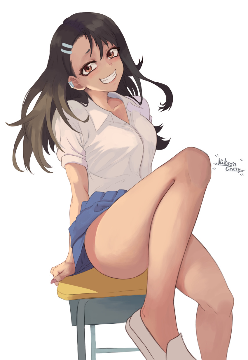 1girls 2d_(artwork) black_hair blush breasts brown_eyes brown_hair closed_eyes clothed clothing female female_only glasses hayase_nagatoro hi_res long_hair looking_at_viewer medium_breasts niksoncrazy open_mouth please_don't_bully_me,_nagatoro pose revealing_clothes short_hair smile solo upskirt watermark wide_hips