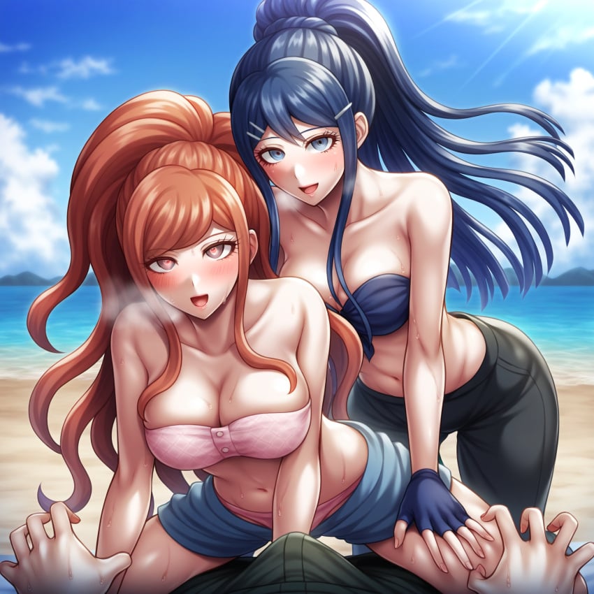 1boy 2girls :d ai_generated big_breasts bikini bikini_top black_strapless blue_bikini blue_hair blush breath bulge cleavage danganronpa danganronpa:_trigger_happy_havoc danganronpa_3 fingerless_gloves handjob hands_on_another's_thighs heart-shaped_pupils heart_eyes high_ponytail highres leather_pants lips long_pants maizono_sayaka naegi_makoto nai_diffusion orange_hair panties partial_male patterned_clothing pink_bikini ponytail pov saliva shorts squatting stable_diffusion straddling sweat sweatdrop teacher_and_student yukizome_chisa