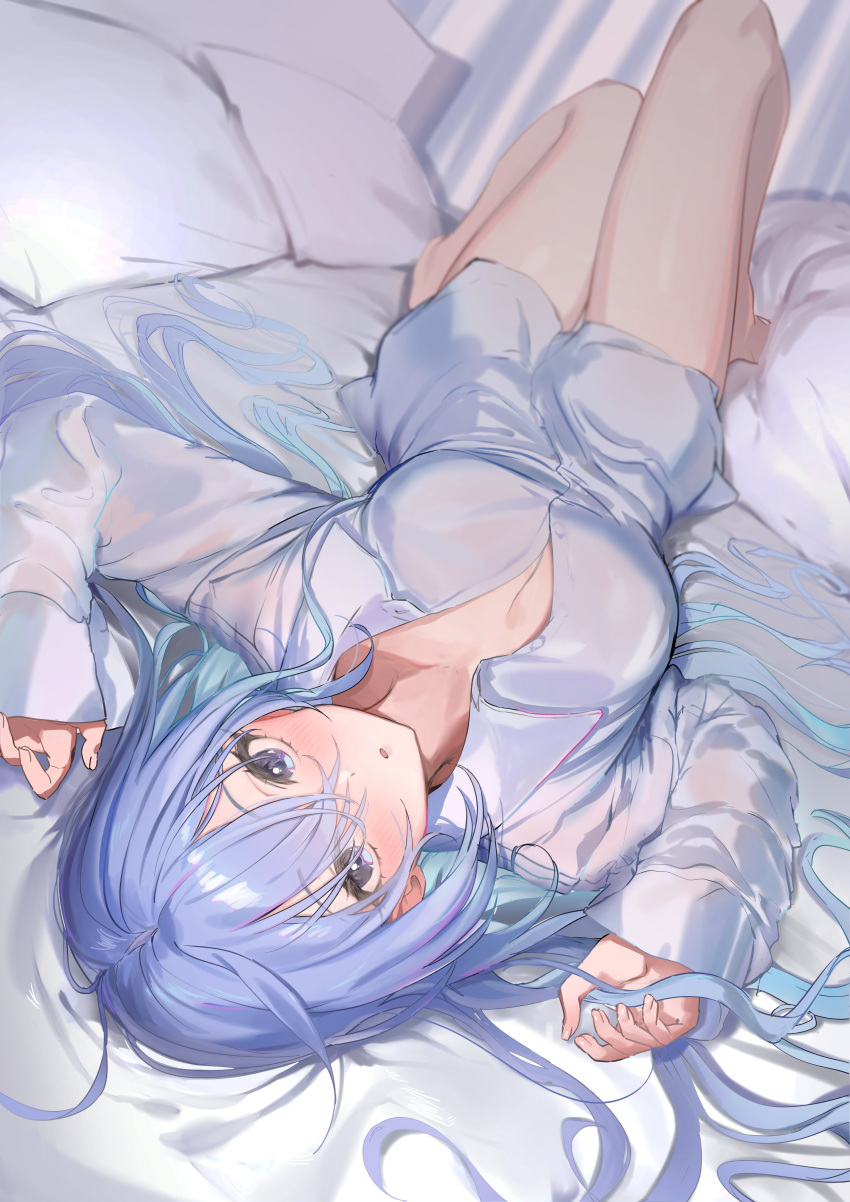 1girls :o absurdres bare_legs barefoot bed_sheet blue_hair blush breasts cleavage collared_shirt fingernails hair_between_eyes hair_spread_out highres idolmaster idolmaster_shiny_colors indoors knees_up long_hair looking_at_viewer lying medium_breasts no_pants on_back open_collar pillow shirt solo suzuki_hana uouokuma upside-down very_long_hair white_shirt