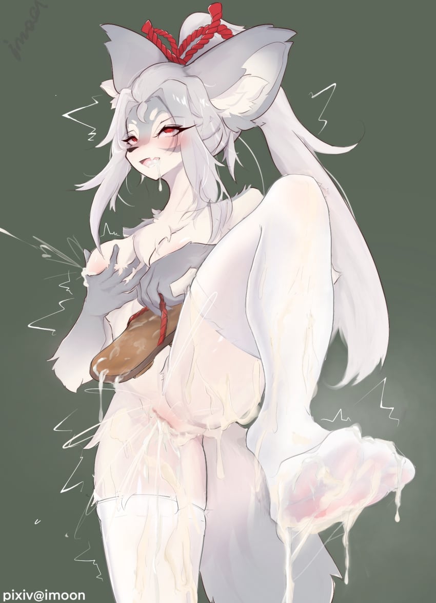 canid canine canis clothing female female/female hakuro_(onmyoji) hi_res legwear male mammal onmyoji white_clothing white_legwear wolf yimoon640