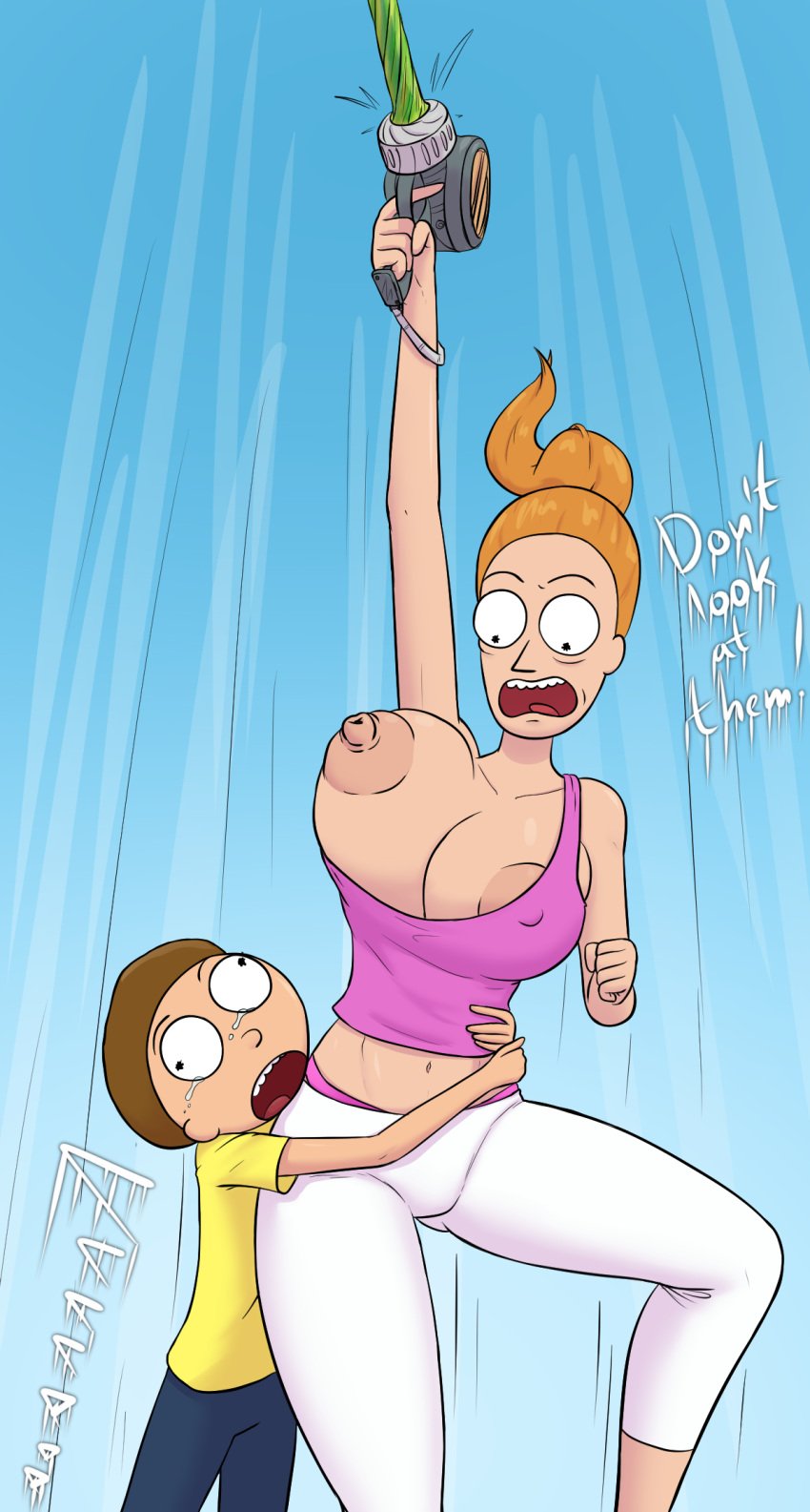 1boy 1girls accidental_exposure adult_swim areolae big_breasts breasts breasts_out brother_and_sister brown_hair clothing color curvy diklonius english_text female hi_res huge_breasts male morty_smith nipples nipples_visible_through_clothing one_breast_out ponytail red_hair rick_and_morty summer_smith wardrobe_malfunction