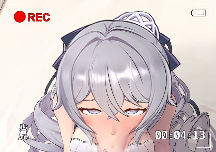 :>= bed bronya_zaychik bronya_zaychik_(silverwing:_n-ex) cheating drill_hair fellatio female grey_eyes grey_hair highres honkai_(series) honkai_impact_3rd long_hair looking_at_viewer netorare oral pov solo stray_pubic_hair twin_drills very_long_hair viewfinder yomigaeru