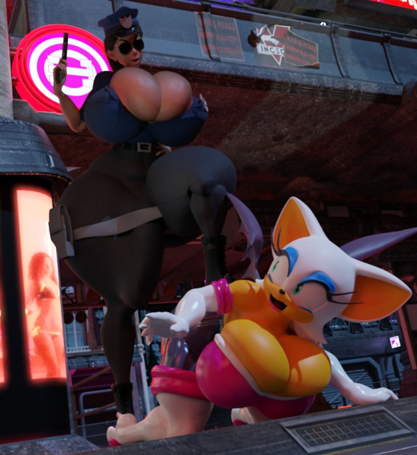 2girls 3d 3d_model alternate_breast_size bat bat_wings city cop enormous_thighs female female_only gloves green_eyes gun handgun heels hourglass_figure huge_breasts huge_thighs hyper_breasts jasmine_juggs massive_breasts mobian mobian_(species) mobian_bat multiple_girls police_uniform policewoman rouge_the_bat sega shocking_(artist) sonic_(series) sonic_adventure_2 sonic_the_hedgehog_(series) thick_thighs white_fur wings