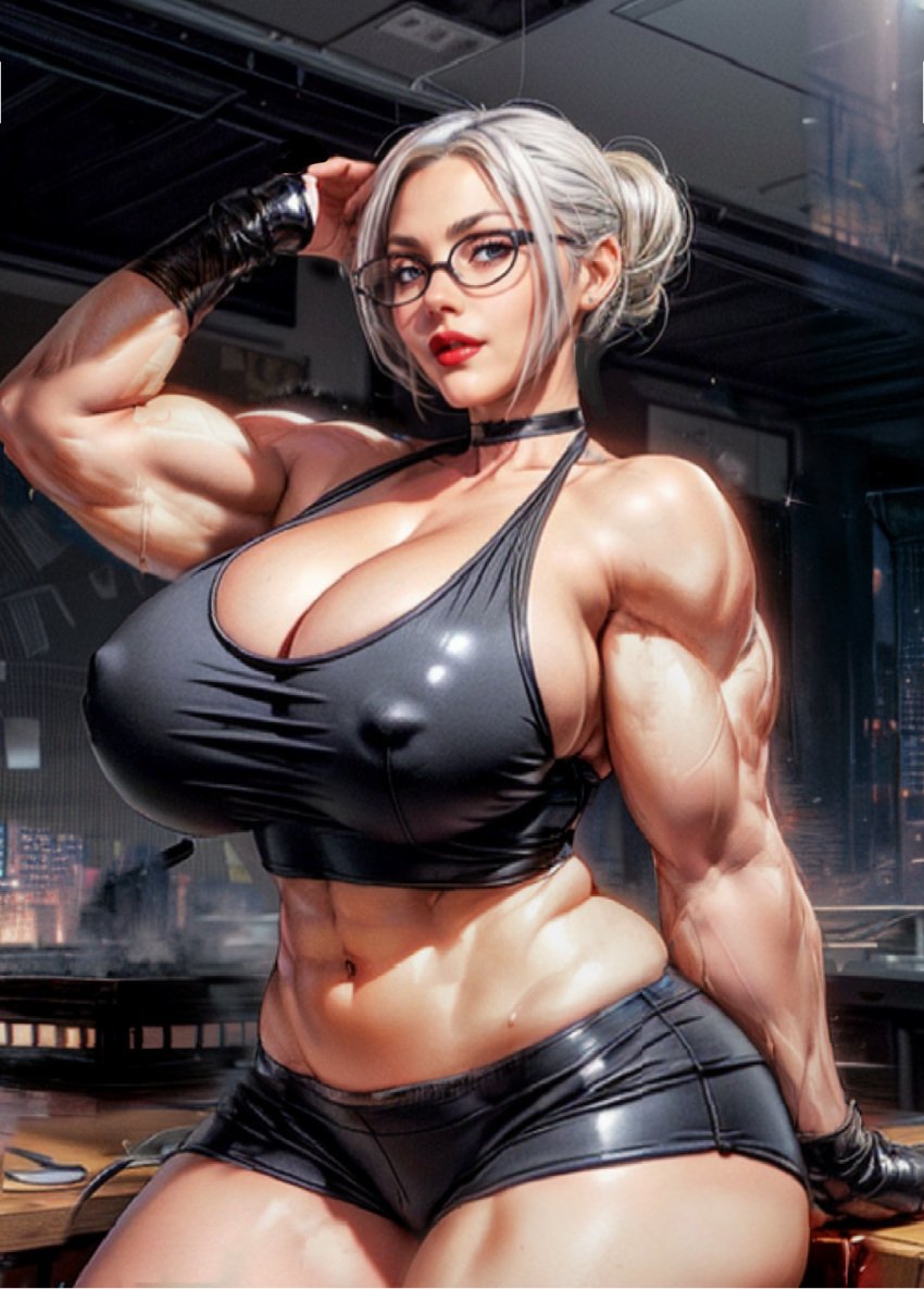 1girls ai_generated dominatrix femdom glasses hair_bun latex milf muscular muscular_female prison_school shiraki_meiko silver_hair