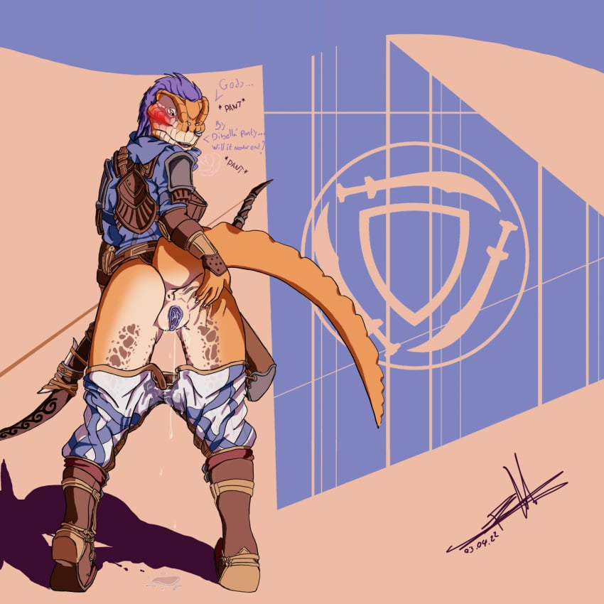 1:1 2022 alikr anthro archer argonian ass bethesda_softworks blue_eyes bodily_fluids bottomwear bow_(weapon) clothing dated desert female foxmelra genital_fluids genitals heat_(temperature) hi_res hotpants messy orange_body pants pussy pussy_juice ranged_weapon scalie shorts solo tail the_elder_scrolls the_elder_scrolls_online translucent underwear video_games weapon wet wet_clothing wet_underwear