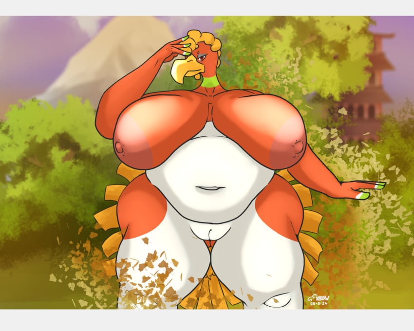 anthro areola ass avian beak belly belly_overhang big_areola big_breasts bird blurred_background breasts butt_from_the_front depth_of_field detailed_background feathers female generation_2_pokemon genitals ho-oh huge_areola huge_breasts hyper hyper_breasts innie_pussy krowbutt leaf legendary_pokemon looking_at_viewer montgomery_glands natural_breasts navel nintendo nipples nude obese obese_female overweight overweight_female plant plump_labia pokemon pokemon_(species) pussy sagging_breasts solo standing thick_thighs thigh_gap tree venus_figure wide_hips