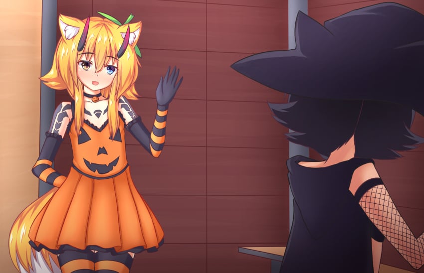 choker collar commission deuman dress flat_chest flat_chested fox_ears fox_girl fox_tail girlfriend girlfriends gloves good_girl halloween halloween_costume halloween_theme happy happy_female happy_sub heterochromia horns kemonomimi lesbian_couple macey orange_dress phantasy_star phantasy_star_online_2 pumpkin pumpkin_costume pumpkin_girl pumpkin_hair_ornament sarayah short_dress sonicphu striped_gloves striped_legwear striped_thighhighs submissive submissive_female tattoo thick_thighs thigh_gap thigh_highs thighhighs tomboy waving witch_costume witch_hat wolf_ears wolf_girl wolf_tail yuri