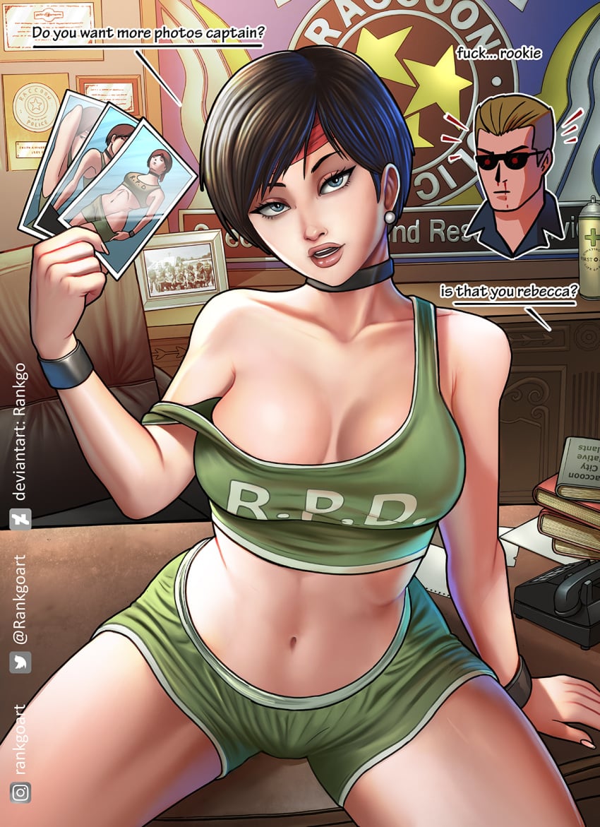 1boy 1girls albert_wesker busty capcom dolphin_shorts female female_only hourglass_figure pixie_cut rankgo rebecca_chambers resident_evil speech_bubble sports_bra sportswear very_short_hair wide_hips wristwear