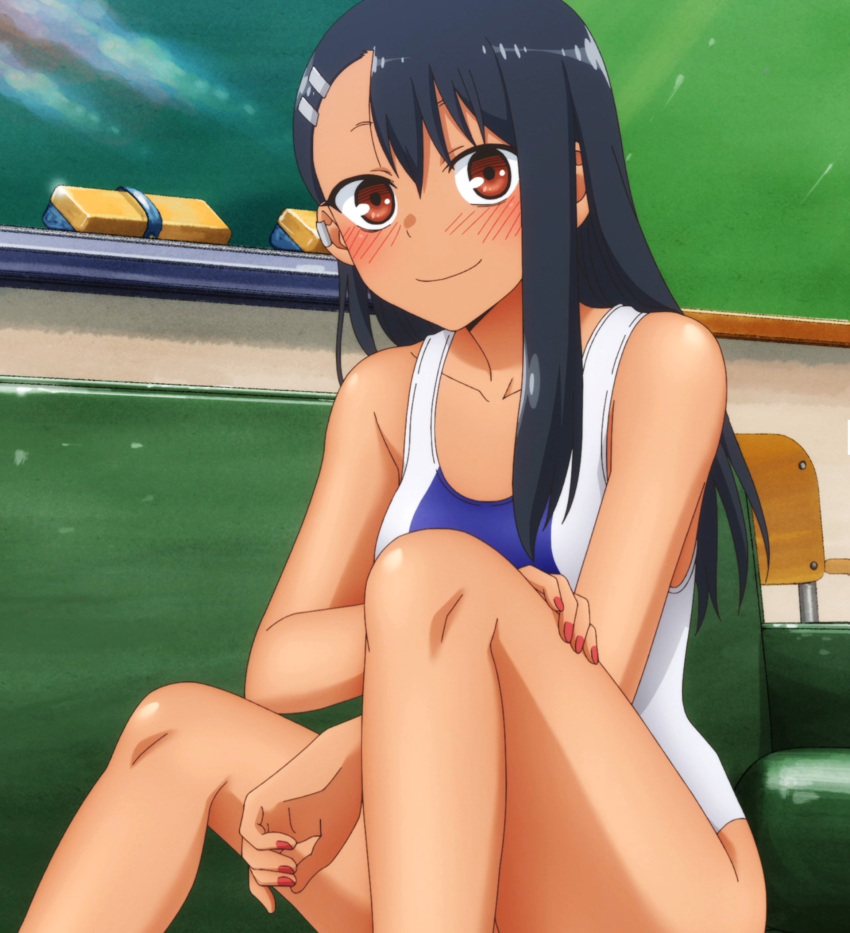 1girls 774_(nanashi) black_hair blush breasts brown_eyes clothed clothing earrings female_focus female_only hayase_nagatoro hi_res long_hair looking_at_viewer please_don't_bully_me,_nagatoro pose revealing_clothes screencap simple_background sitting small_breasts smile solo swimsuit tan tanned