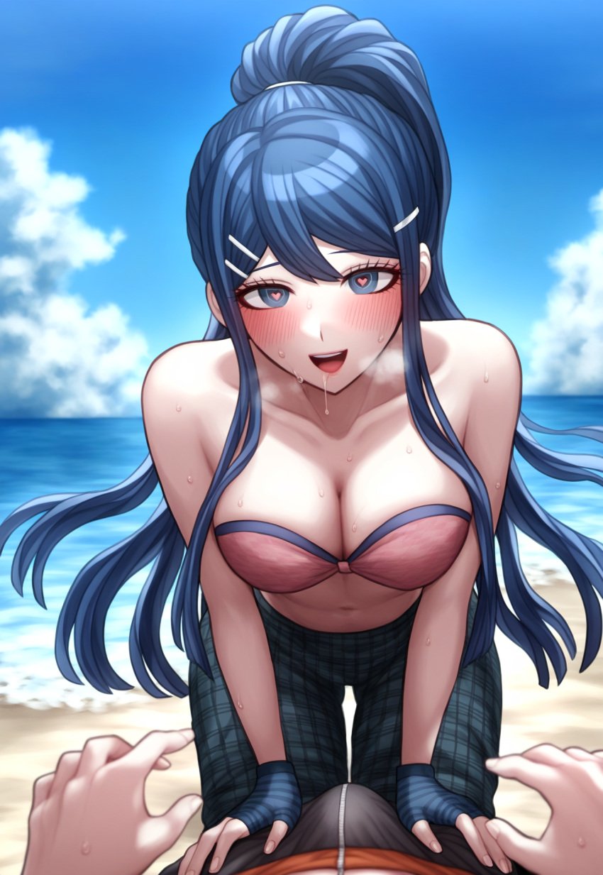 1boy :d ai_generated big_breasts breath bulge cleavage danganronpa danganronpa:_trigger_happy_havoc female fingerless_gloves hands_on_another's_thighs heart-shaped_pupils heart_eyes high_ponytail highres lips long_pants looking_at_viewer maizono_sayaka naegi_makoto nai_diffusion partial_male patterned_clothing pink_bikini pov saliva smirk squatting stable_diffusion sweat