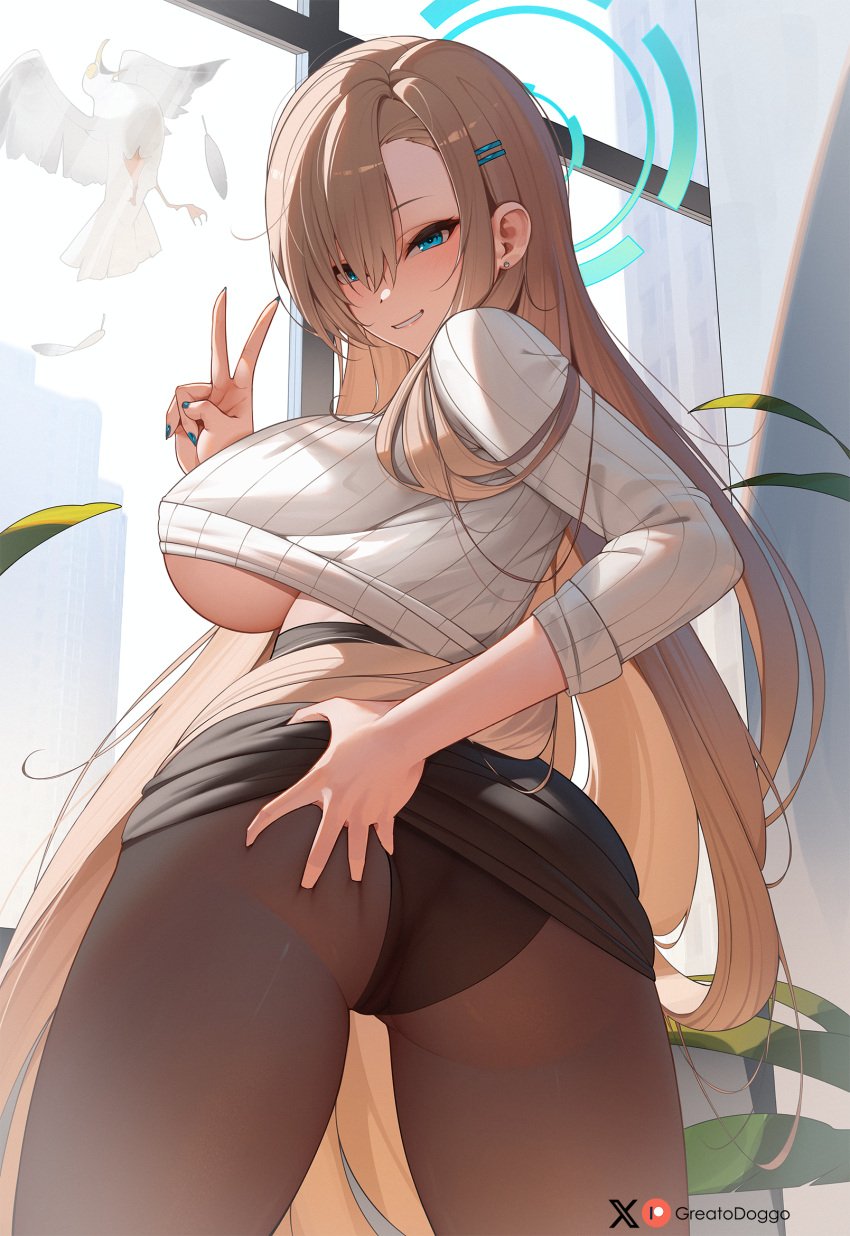 1girls ass asuna_(blue_archive) blonde_hair blue_archive blue_eyes breasts dat_ass female greatodoggo hair_over_one_eye hi_res hips huge_ass huge_breasts light-skinned_female light_skin long_hair naughty_face peace_sign thick_thighs thighs wide_hips