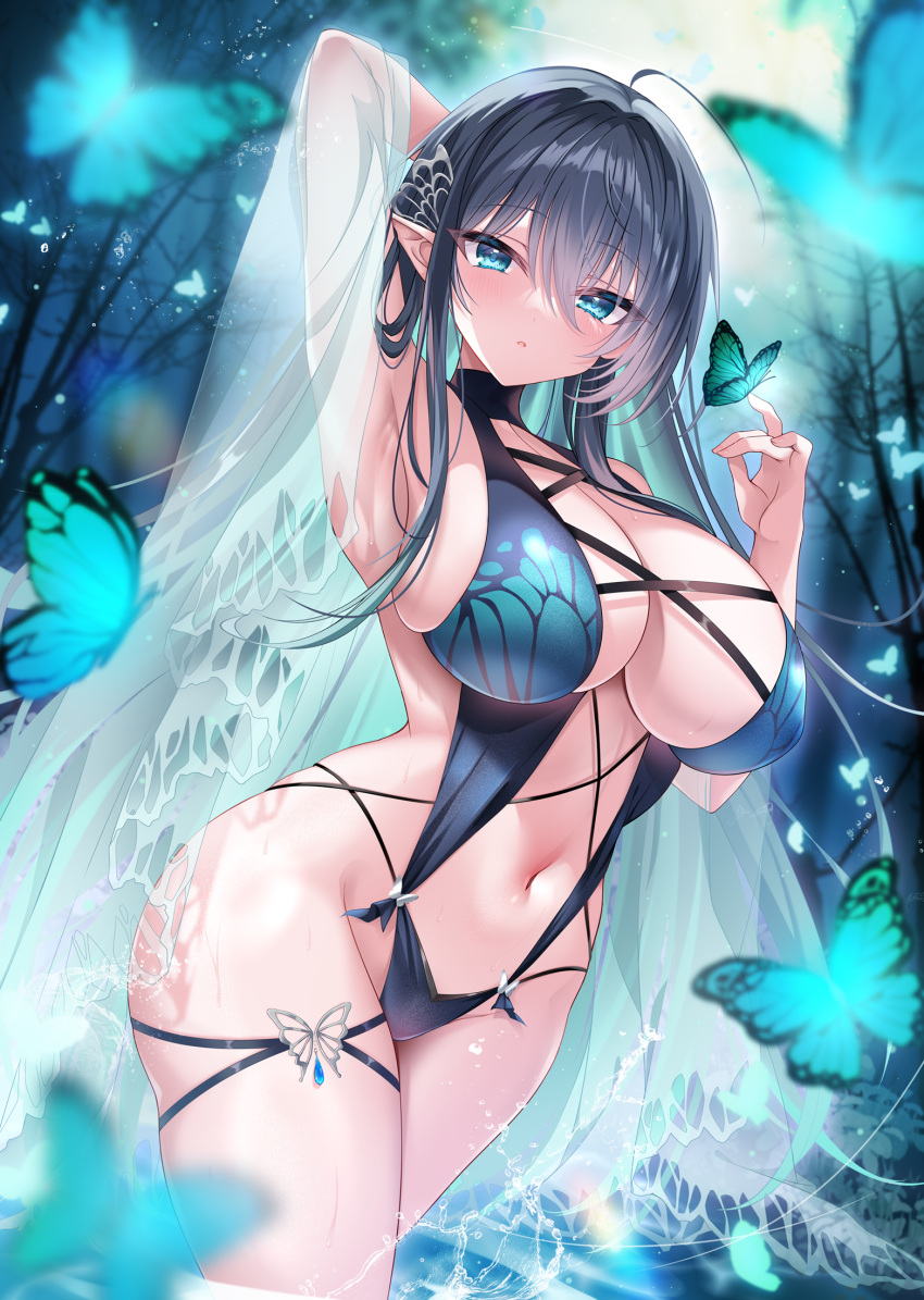 akatsuki_(aktk511) aqua_eyes aqua_hair black_hair breasts cleavage depth_of_field elf female_only gradient_hair highres large_breasts long_hair looking_at_viewer multicolored_hair navel night original pointy_ears slingshot_swimsuit solo swimsuit tree veil