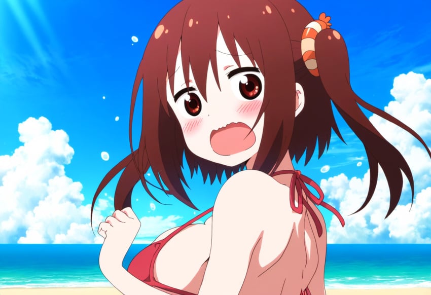 beach blush brown_eyes brown_hair clothing ebina_nana female himouto!_umaru-chan large_breasts looking_at_viewer looking_back ocean outside red_bikini red_swimsuit short_hair sideboob sky solo strap_gap swimsuit twintails upper_body wavy_mouth