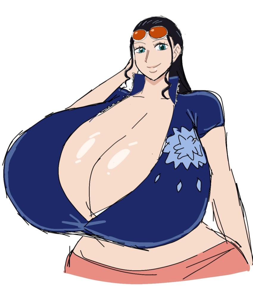 1girls 2d_(artwork) black_hair breasts breasts_bigger_than_head clothing female female_focus female_only hips hips_wider_than_shoulders large_breasts momiji_(artist) nico_robin one_piece pirate pirate_girl post-timeskip shiny_breasts shounen_jump smile smiling smiling_at_viewer sunglasses sunglasses_on_head white_background