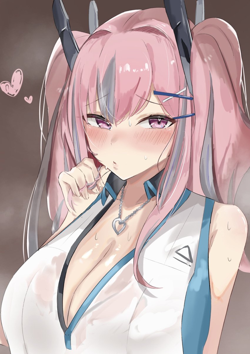 1girls 34ltiki_(l_tiki) alternate_costume azur_lane blush bremerton_(azur_lane) bremerton_(scorching-hot_training)_(azur_lane) eagle_union_(azur_lane) embarrassed female female_only heart heart-shaped_pupils necklace official_alternate_costume pink_eyes pink_hair solo sweat symbol-shaped_pupils twintails