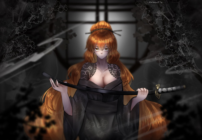 1girls big_breasts cleavage clothing female female_focus female_only freckles ginger ginger_hair hair_bun ishmael_(limbus_company) katana kimono limbus_company long_hair looking_at_viewer orange_hair project_moon standing tattoo tattoos very_long_hair yellow_eyes