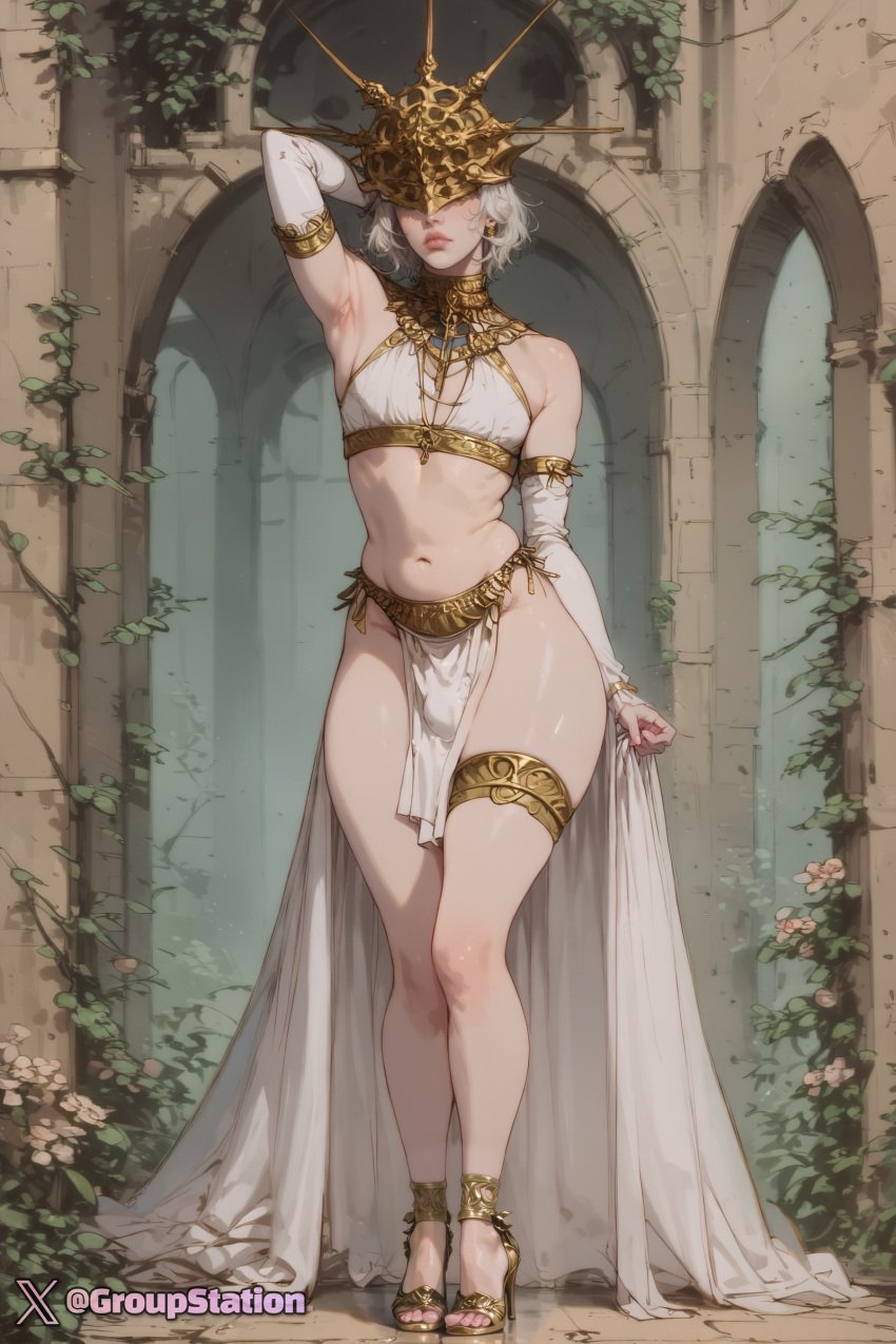 1boy ai_generated androgynous ankle_strap_heels anklet arm_behind_head crotch_bulge dark_souls dark_sun_gwyndolin femboy flat_chest fromsoftware full_body girly gloves groupstation hi_res loincloth mask masked masked_male navel otoko_no_ko seductive_pose solo solo_male stable_diffusion standing thick_hips topwear trap white_hair white_loincloth