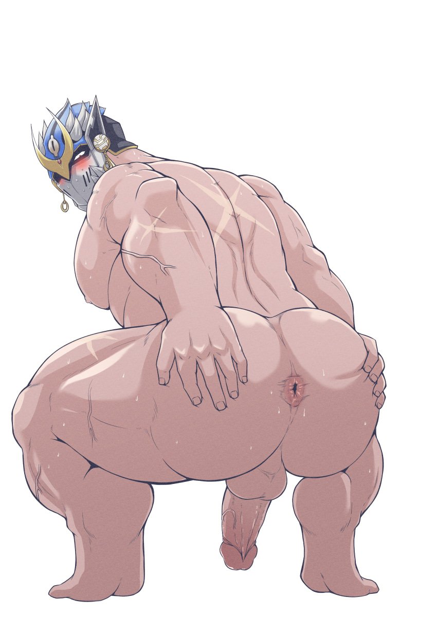 1boy absurd_res anthro anus ass balls big_butt blush genitals hi_res human humanoid lifewonders looking_at_viewer male male_only mammal muscular muscular_anthro muscular_male nude orange-lin penis shiva_(tokyo_afterschool_summoners) simple_background solo tokyo_afterschool_summoners