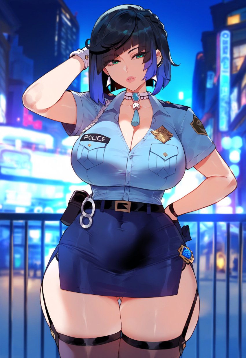 1boy 1girls ai_generated ass_visible_through_thighs belly_button big_breasts big_thighs bimbo bimbo_body blue_hair choker city female female_focus female_only genshin_impact green_eyes hand_behind_head hand_on_hip handcuffs hi_res large_breasts large_thighs linea_alba male miyuai multicolored_hair nai_diffusion night officer plump police police_badge police_officer police_uniform policewoman short_hair skirt solo solo_female solo_focus stable_diffusion thiccwithaq_(ai_style) thick thick_hips thick_legs thick_thighs thigh_gap thigh_highs thigh_strap thighhighs thighs unbuttoned unbuttoned_shirt vision_(genshin_impact) voluptuous voluptuous_female wide_hips yelan_(genshin_impact)