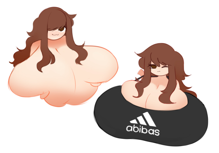 :3 adidas adidas_logo bangs big_breasts black_shirt breast_squeeze breasts breasts_bigger_than_head brown_eyes brown_hair covering_nipples digital_art digital_drawing female female_only hair hair_over_one_eye huge_breasts large_breasts long_hair oc original_character squishy_breasts tofetanuki white_background