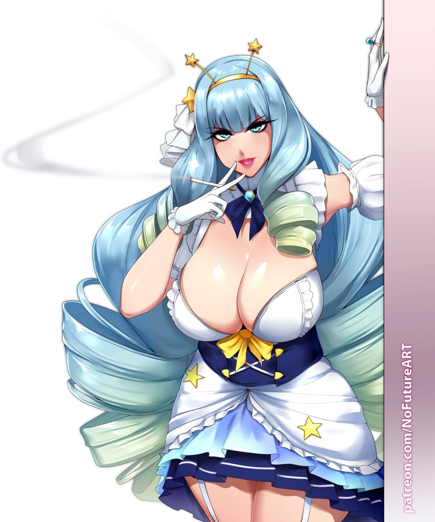 1girls artist_website big_breasts blue_eyes blue_hair cigarette clothing drill_hair eyelashes female female_only green_highlights hi_res hoshiumi_jelly light-skinned_female light_skin long_hair looking_at_viewer nofuture phase_connect phase_invaders pink_lipstick smiling smiling_at_viewer smoking solo virtual_youtuber