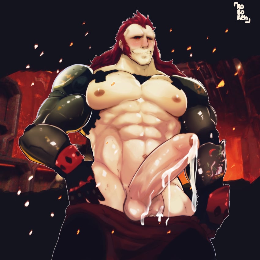 abs bara biceps bionic_arm black_sclera cum cum_string cumdrip evil_eyes foreskin long_hair lycus_dion male male_only muscles muscular_male pants_down pecs penis penis_out prosthetic_arm raiders_of_the_broken_planet red_eyes red_hair robokeh six_pack smug solo spacelords uncircumcised uncut