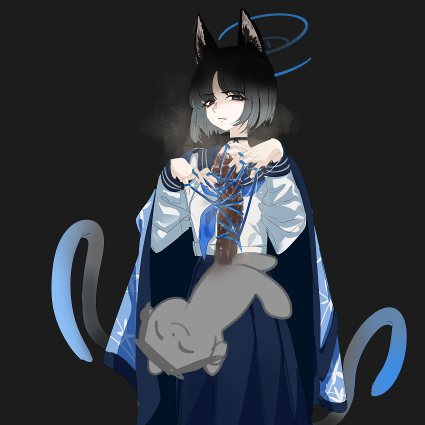 12cat 1boy 2_tails absurdres animal_ears black_background black_eyes black_hair black_sailor_collar blue_archive blue_halo blue_neckerchief blue_skirt cat's_cradle cat_ears cat_tail censored doodle_sensei_(blue_archive) female frown halo haori highres japanese_clothes kikyou_(blue_archive) long_sleeves mosaic_censoring multi_tail neckerchief open_mouth penis pleated_skirt sailor_collar school_uniform sensei_(blue_archive) serafuku short_hair simple_background skirt tail tails