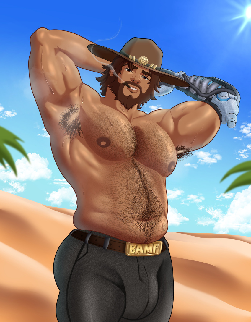 activision armpit_hair bara beard big_bulge blizzard_entertainment brown_hair bulge clothing cole_cassidy cowboy_hat hairy_chest male male_nipples male_only manly mature_male muscular_male nipples overwatch overwatch_2 peanutbara sweat sweating tight_clothing