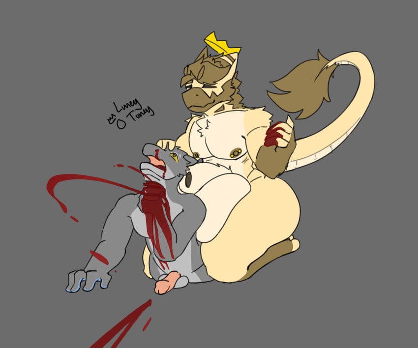 animal_genitalia anthro balls big_balls big_sheath blood blood_on_hand blood_spray bodily_fluids dragon duo dying erection fur furred_dragon furred_scalie genitals gore guro hi_res imminent_death killing kobold lune_(luneytuney) luneytuney male male/male male_ryona mythological_creature mythological_scalie mythology nipple_piercing nipples nosebleed panicking piercing pleased_expression scalie sheath sitting_on_another slit_throat snuff throat_slash