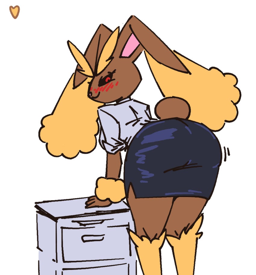 ass ass_bigger_than_head ass_focus bending_over bent_over blouse brown_fur bunny_girl cotton_tail fluffy fluffy_ears generation_4_pokemon heartear18 lopunny office_lady pencil_skirt pokemon pokemon_(species) rabbit