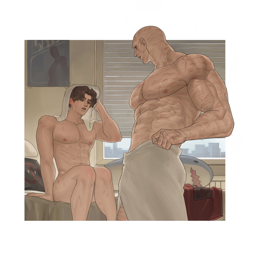 deadpool gay lkikai male male/male male_only marvel marvel_comics peter_parker post_shower scars scars_all_over spider-man towel_around_waist towel_only wade_wilson