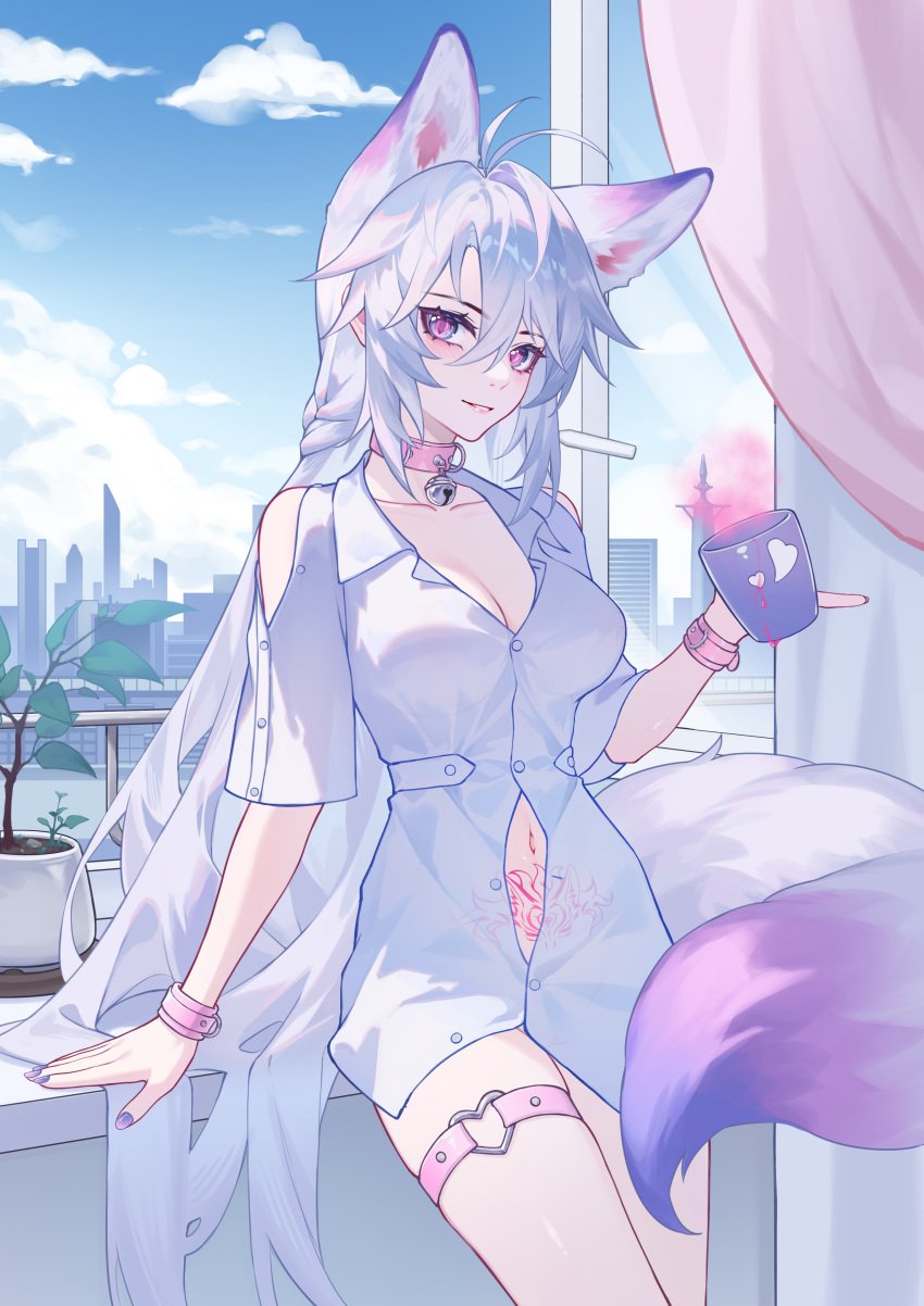 1girls animal_ears aphrodisiac arm_support armband bare_arms bare_midriff bare_shoulders bare_thighs bell bell_collar braid breasts city_background cityscape cleavage collar collarbone cup day female female_only fox_ears fox_girl fox_tail grey_hair hair_between_eyes heart heart_in_eye horny indoors kemonomimi kirby_d_a leg_belt liquid long_hair looking_at_viewer medium_breasts midriff monster_girl nail_polish navel original plant pubic_tattoo purple_eyes purple_nails shirt short_sleeves shoulders sitting slit_pupils smile spilled_drink tail tattoo thighs very_long_hair white_hair