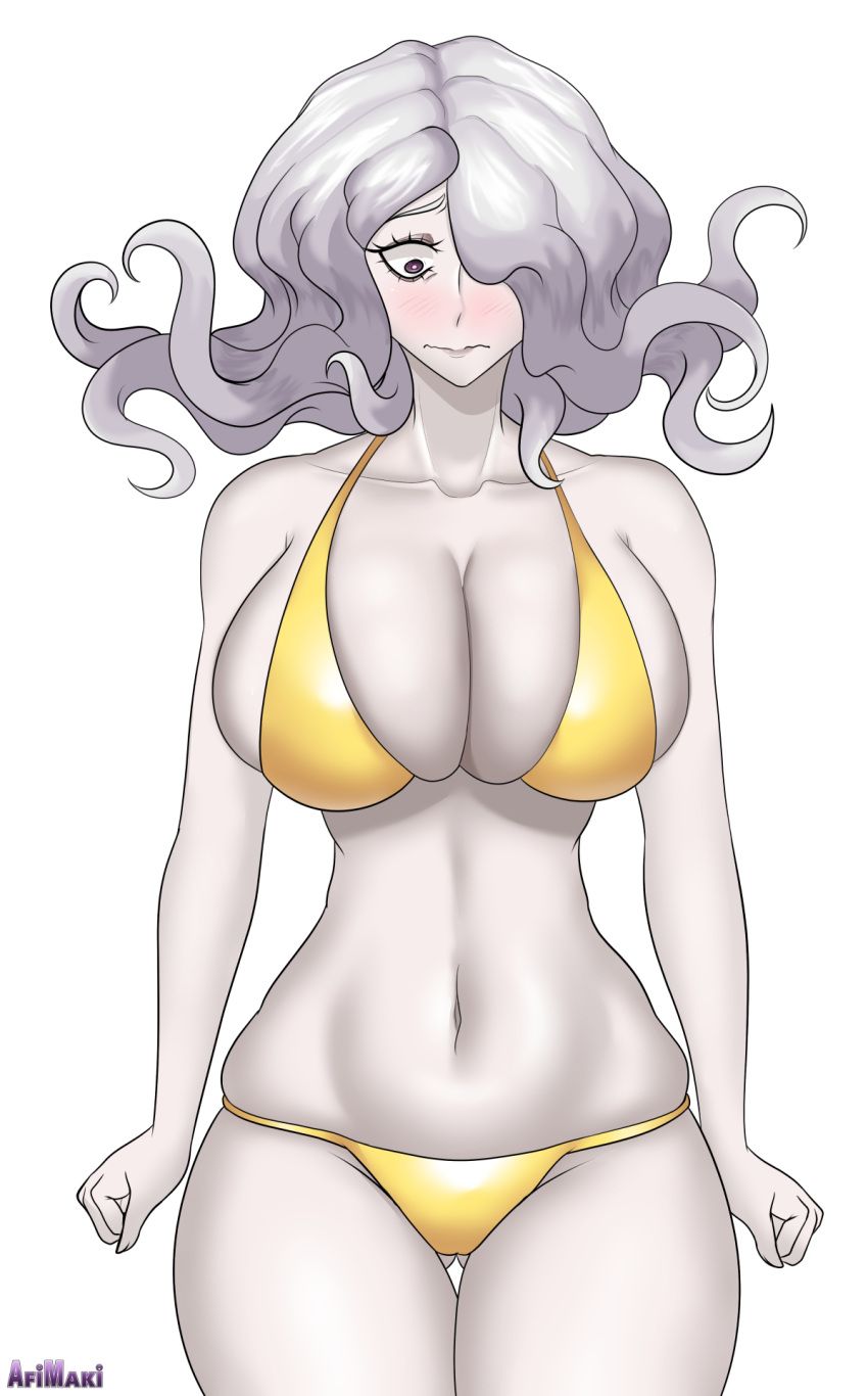 afimaki bikini bikini_bottom bikini_top blush breasts danganronpa danganronpa_3 gold_bikini hair_over_one_eye kimura_seiko large_breasts pale-skinned_female pale_skin skimpy_bikini thick_thighs thigh_gap thighs thighs_together