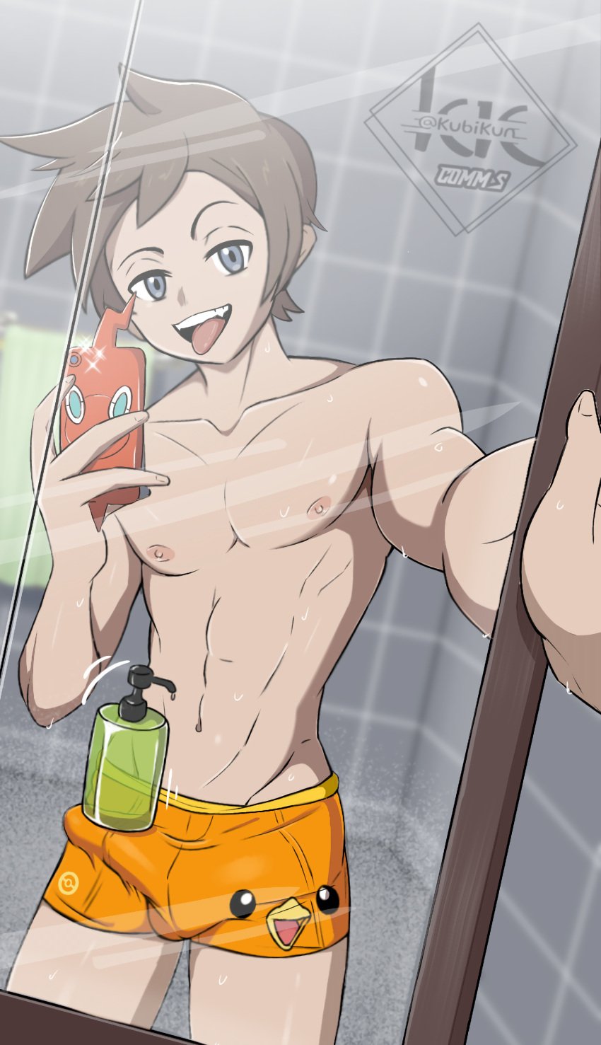 blue_eyes boxers_(clothing) brendan_(pokemon) brendan_(pokemon_oras) game_freak kubikun male male_focus male_only mirror_selfie nintendo object_on_penis orange_boxers pokemon selfie shampoo_challenge solo_male tongue_out underwear young